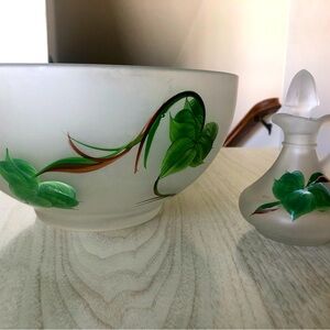 Vintage Hazel Atlas Ivy salad serving bowl and cruet with stopper lid